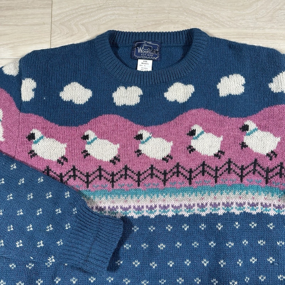 Vintage 80s Woolrich Sweater Womens Large Blue Pink Wool Sheep Crewneck Pullover